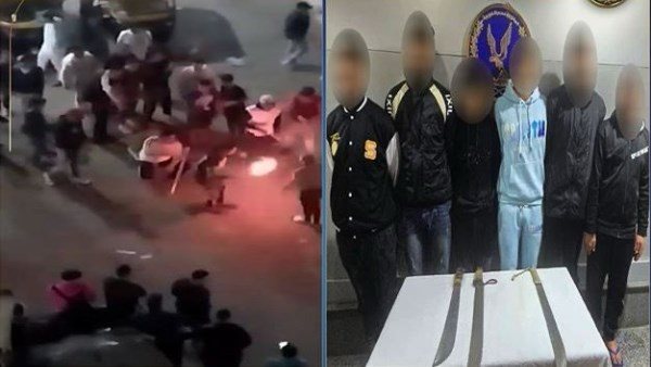أشخاص يشعلون الألعاب النارية ويرقصون بأسلحة بيضاء بالإسكندري
