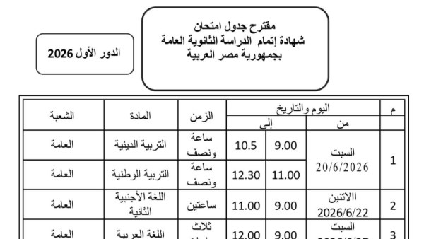 ترتيب مقترح لجدول امتحانات الثانوية العامة 2026