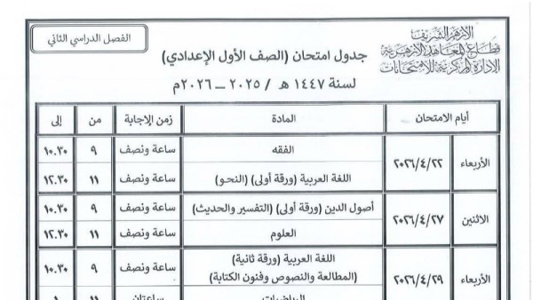 إعلان جداول امتحانات النقل والشهادات بقطاع المعاهد الأزهرية