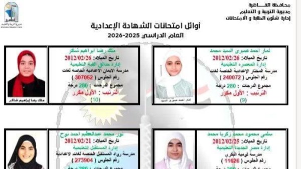 أوائل الشهادة الإعدادية 2026